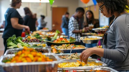 People serving themselves at a buffet with a variety of dishes. Indoor catering event with diverse food options - obrazy, fototapety, plakaty