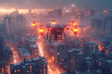 Drone flies over a city street against the background of traffic and city lights. Technologies of modern urban surveillance