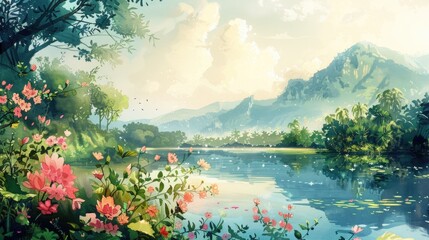 A watercolor illustration of a tranquil early morning scene in Sri Lanka during the Sinhala New Year, with a focus on the beauty of nature - blooming flowers, lush greenery, and a calm, clear sky - obrazy, fototapety, plakaty