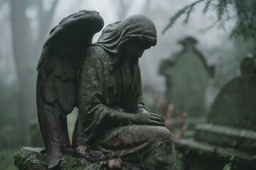An old statue of a mourning angel on a headstone in a cemetery