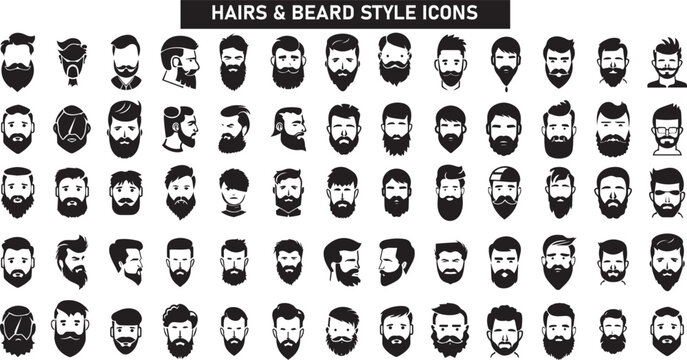 Men's Beard and Hair style Icon set for barber and hair cut logo and men fashion style isolated on white
