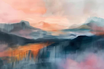 Crédence de cuisine en verre imprimé Matin avec brouillard : A fluid, ethereal abstract landscape with soothing pastel hues