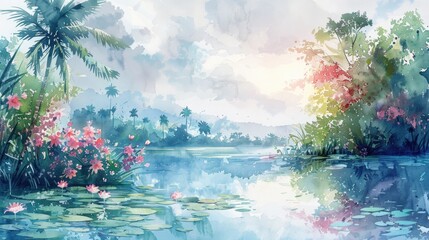 A watercolor illustration of a tranquil early morning scene in Sri Lanka during the Sinhala New Year, with a focus on the beauty of nature - blooming flowers, lush greenery, and a calm, clear sky - obrazy, fototapety, plakaty