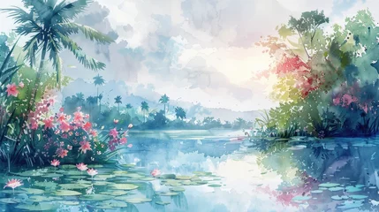 Foto op Aluminium A watercolor illustration of a tranquil early morning scene in Sri Lanka during the Sinhala New Year, with a focus on the beauty of nature - blooming flowers, lush greenery, and a calm, clear sky © Татьяна Креминская