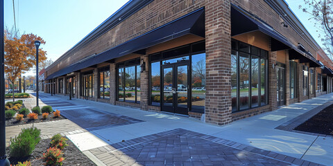 An empty modern storefront building with glass windows, awaiting new retail or commercial ventures. - 771749398