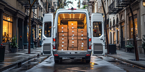 A delivery van with an open boot stacked with cardboard boxes, ready for transportation.