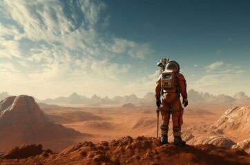 Uncharted Astronaut mars looking rocky ground region. Cosmonaut panoramic celestial discovery. Generate Ai - 771749780