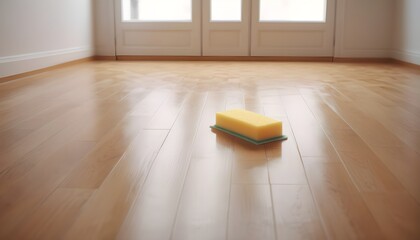 Floor cleaning with mob and cleanser foam. Cleaning tools on parquet floor. - obrazy, fototapety, plakaty
