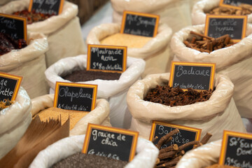 spices and herbs in the grocery market
