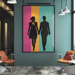 A bold poster portrays silhouettes of 2 woman as equal partners, set against vibrant colors in a modern office, symbolizing gender equality and unity in the workplace.