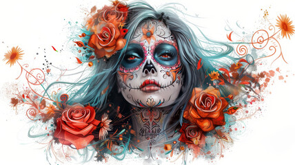 dia de los muertos girl fad with roses. Tattoo style artwork white background,generative ai - obrazy, fototapety, plakaty