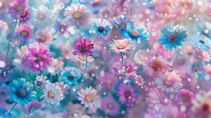 Fototapeta na wymiar Colorful daisies with water drops. Spring floral background with copy space. Concept for greeting card, invitation, wallpaper design