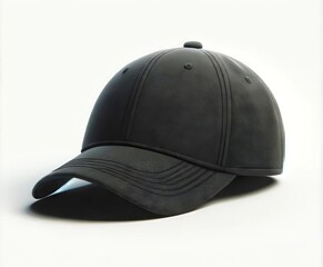 Black baseball cap with textured fabric on white background. Textured black sports cap with curved brim. Concept of casual wear, sunny color headgear, summer fashion, and active lifestyle.