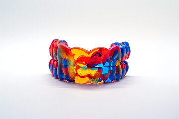Colorful sports mouthguard isolated on white backdrop. Protective mouthpiece for athletes. Boxing mouthguard. Concept of sports safety, athletic gear, injury prevention, contact sports equipment.