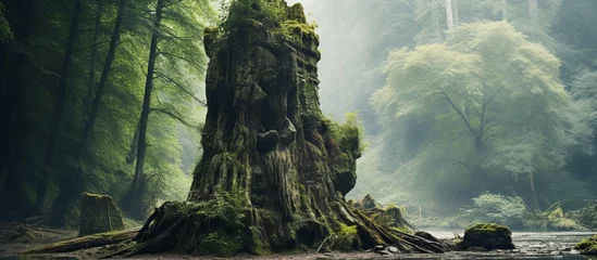 Tuinposter A massive tree stump stands in the midst of a forest by a river, under the open sky. Surrounded by lush greenery and natural landscape © AkuAku