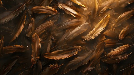 Artistic arrangement of brown feathers on dark background. Elegance and design concept. Design for wallpaper, textile, and decoration - obrazy, fototapety, plakaty