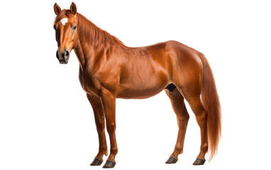 A majestic brown horse stands gracefully before a white backdrop
