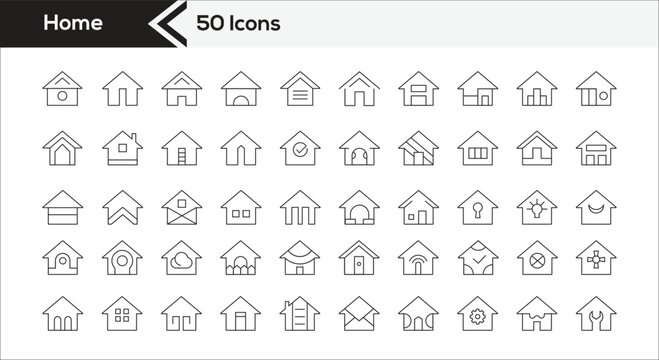 Black outline Home icons sheet. Set of black House symbol. Isolated on white background. Vector icon illustration.