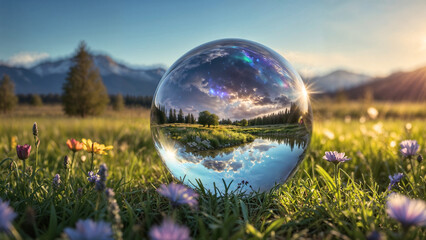 The glass ball is set against a backdrop of meadow and mountains in the beautiful evening. The glare of the sun on the glass ball. - Powered by Adobe