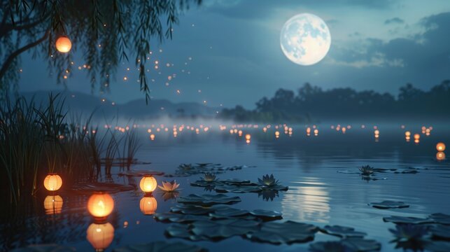 A tranquil lake reflecting the full moon, with floating lanterns gently drifting. The scene symbolizes peace and enlightenment, key themes of Buddha Purnima