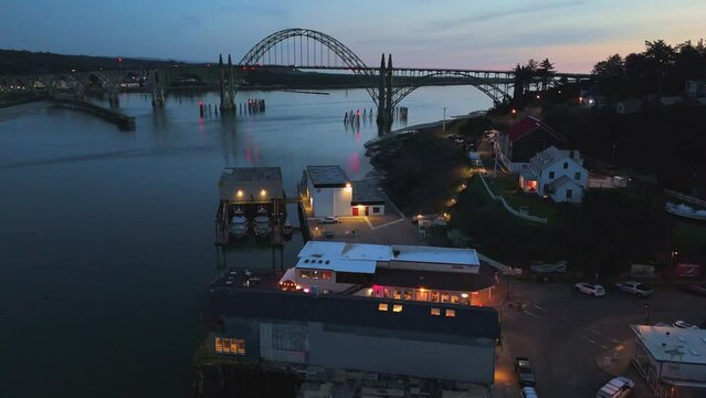 Newport Oregon Yaquina Bay Seafood Processing Downtown Bayfront Shops Aerial Sunset