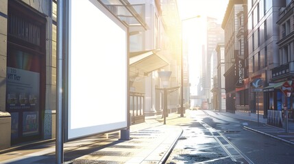 A vivid portrayal of a blank white billboard located at a bus stop on a bustling city street, under the clear, bright midday sun.