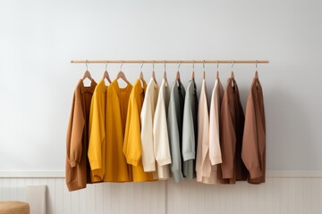 Pastel-colored shirts hanging on hangers against white wall, copy space for text or design