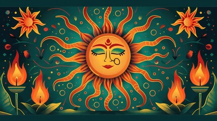 A Sinhala New Year greeting card featuring traditional motifs such as the sun, representing the dawn of a new year, and oil lamps, symbolizing light and hope. - obrazy, fototapety, plakaty