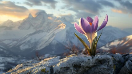  A pair of purple flowers perched atop a rocky slope beside a snow-capped mountain shrouded in snow - obrazy, fototapety, plakaty