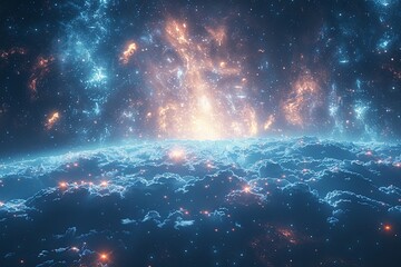 Blue and orange planet with a bright light in the center surrounded by a sea of stars and the light is surrounded by a cloud of fire