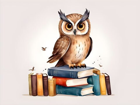 watercolor owl with books isolated.