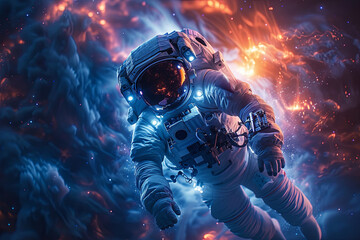 Man in a spacesuit is floating in space with a bright blue background. The scene is filled with...
