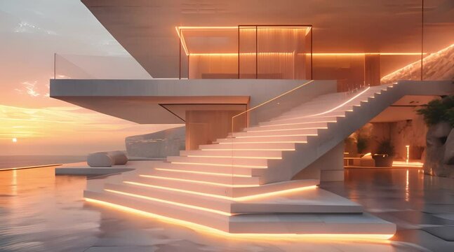 Contemporary Wooden Staircase with Glass Balustrades and Concealed LED Lighting. Concept Contemporary Design, Wooden Staircase, Glass Balustrades, Concealed LED Lighting
