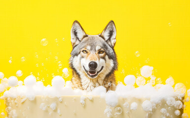 A dog is in a tub of bubbles, looking up at the camera