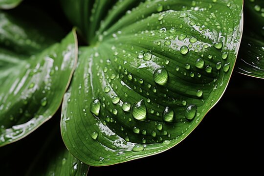 Macro shot of water droplets on lush green plant leaves, close-up nature photography