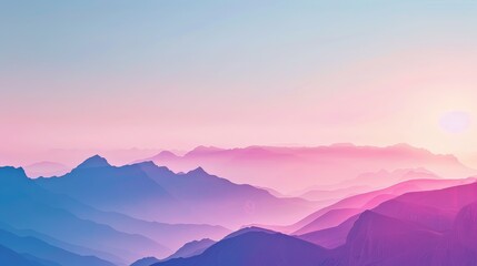 Gradient mountain landscape with soft sunrise hues. Calm and peaceful background concept for website, header, and wallpaper design with copy space