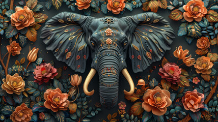 Elegant Elephant: Intricate, dark design amidst lush florals.generative ai - obrazy, fototapety, plakaty