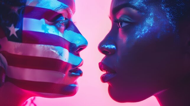 Dual portrait of women with painted flags on faces. Unity and diversity concept. Creative artwork for cultural events, celebration, and social diversity design