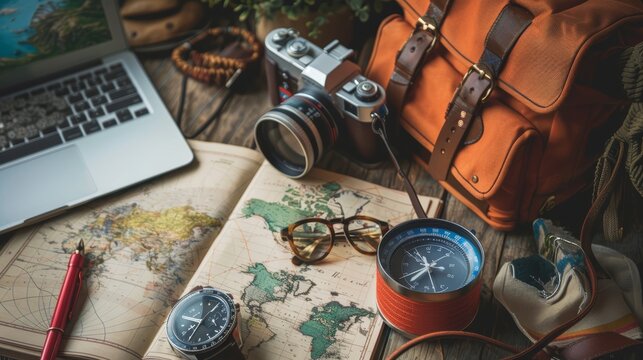 Travel planning concept on wooden table with laptop, vintage camera, compass, and world map. Adventure planning with modern and retro elements for blog, article, and website design