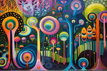 : A whimsical, abstract forest with a variety of shapes and sizes