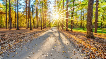  The sun illuminates a tree-lined park trail, scattering fallen leaves on the ground