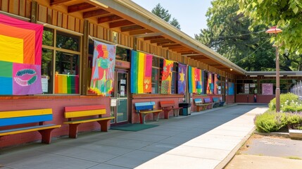 Public school decorated with vibrant pride flags and colorful banners. Educational environment embracing diversity and inclusivity. Positive community engagement - obrazy, fototapety, plakaty