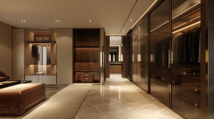 Luxurious modern walk-in closet with elegant lighting. High-end interior design for fashion display. Design for retail, lifestyle, and wealth concepts
