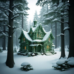 green old mystical house in snowy forest