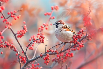 A small sparrow sits on a branch of barberry surrounded by red berries and looks into the distance - Powered by Adobe