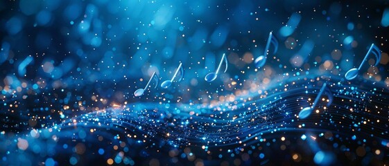 Silver 3D music notes sparkle, isolated against a blue background .
 - obrazy, fototapety, plakaty