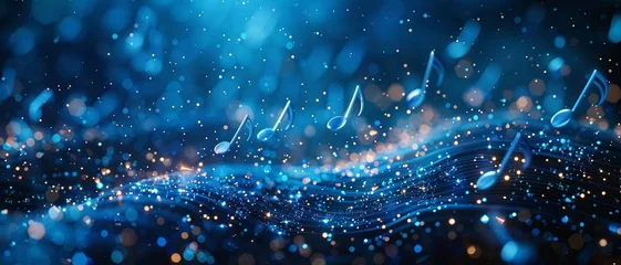 Foto op Canvas Silver 3D music notes sparkle, isolated against a blue background .  © png-jpeg-vector
