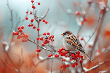 A small sparrow sits on a branch of barberry surrounded by red berries and looks into the distance