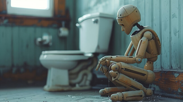 wooden mannequin vomits into lavatory. Concept for party,generative ai