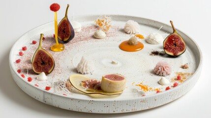  A pristine white table, adorned with diverse culinary delights on a crisp white plate, positioned against a pristine white wall